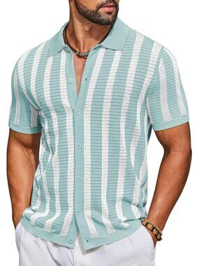 Men's Ice Green & White Knit Short Sleeve Button Down Polo Striped Casual Shirt
